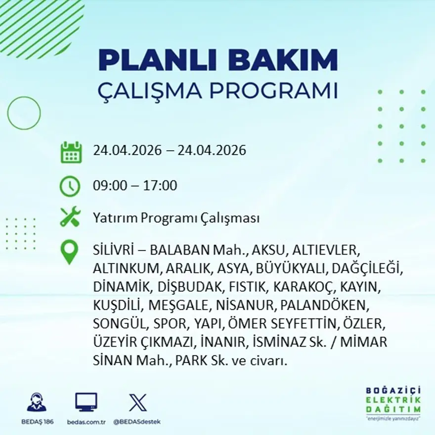 İstanbul'un birçok ilçesinde elektrik kesintisi yaşanacak. Tam 18 ilçe elektriksiz kalacak, 9 saat sürecek 5