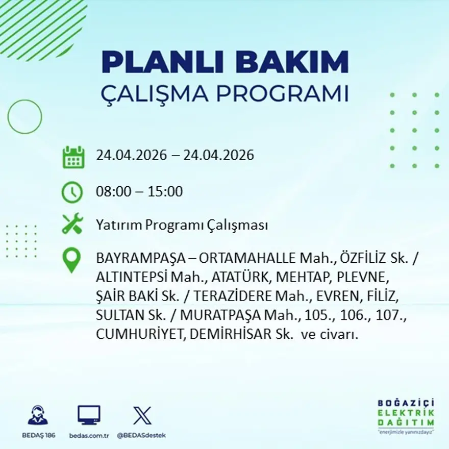 İstanbul'un birçok ilçesinde elektrik kesintisi yaşanacak. Tam 18 ilçe elektriksiz kalacak, 9 saat sürecek 8