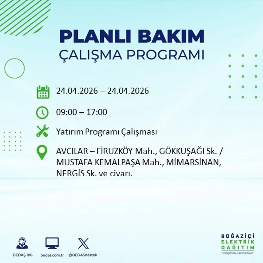 İstanbul'un birçok ilçesinde elektrik kesintisi yaşanacak. Tam 18 ilçe elektriksiz kalacak, 9 saat sürecek 21
