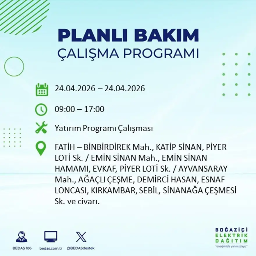 İstanbul'un birçok ilçesinde elektrik kesintisi yaşanacak. Tam 18 ilçe elektriksiz kalacak, 9 saat sürecek 7