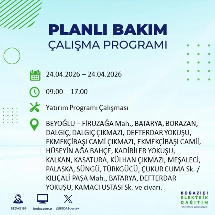 İstanbul'un birçok ilçesinde elektrik kesintisi yaşanacak. Tam 18 ilçe elektriksiz kalacak, 9 saat sürecek 1