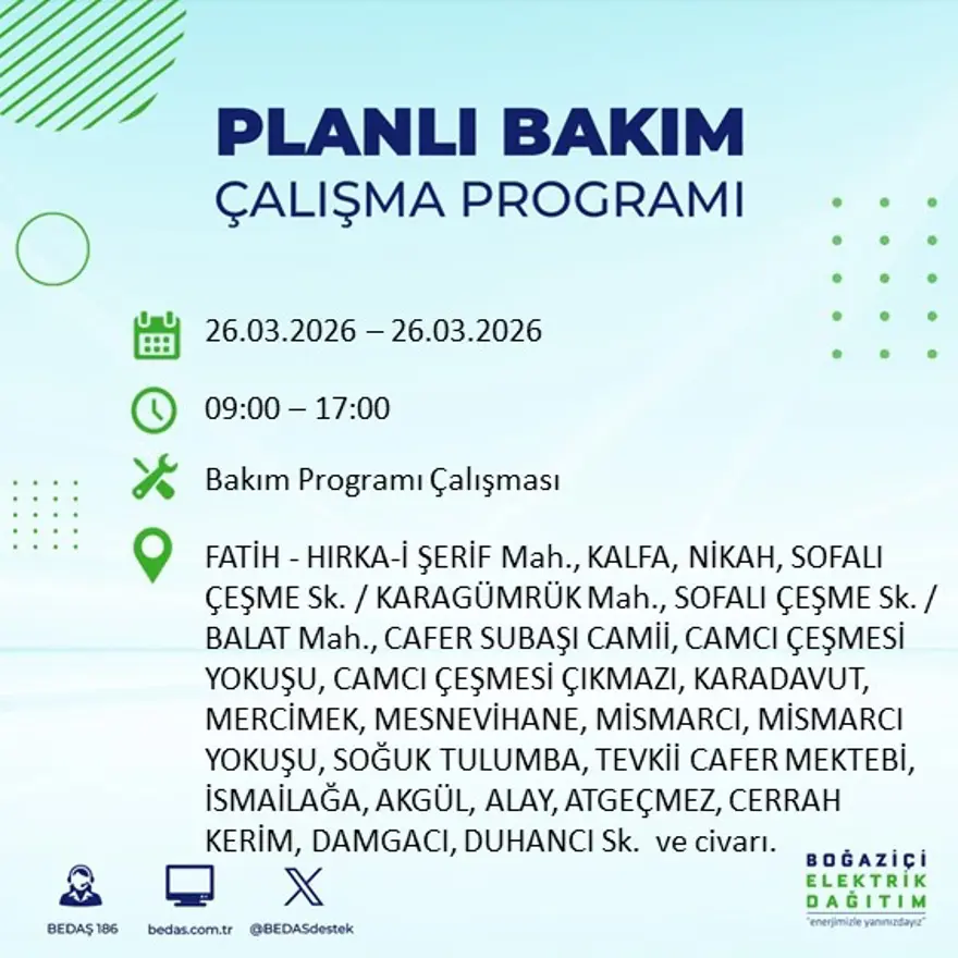  9 zaman elektrik kesintisi yaşanacak (26 Mart BEDAŞ kesinti programı) 1