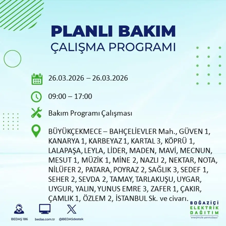  9 zaman elektrik kesintisi yaşanacak (26 Mart BEDAŞ kesinti programı) 2