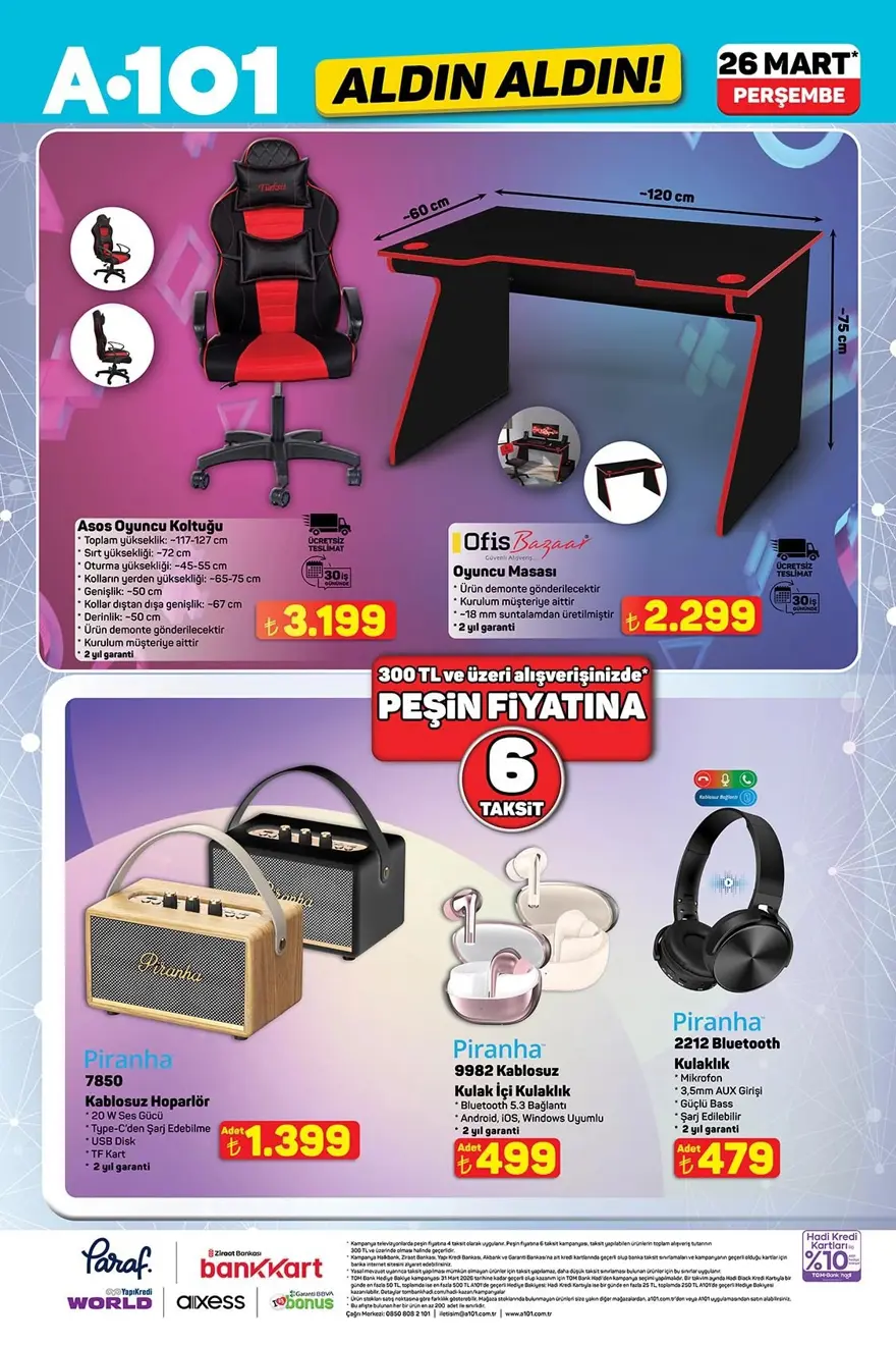 A101 aktüel ürünler kataloğu 26 Mart 2026: 58 inç televizyon, oyuncu masası, 150cc motosiklet ve bahçe ekipmanları bugün satışta 17