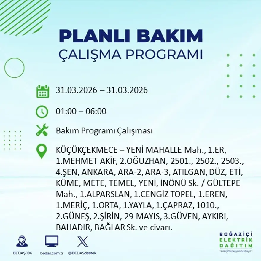 Gece yarısı başlayacak, sabaha kadar sürecek! İstanbul’un 22 ilçesinde 8 saatlik dev elektrik kesintisi (31 Mart BEDAŞ listesi) 1