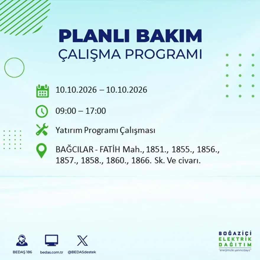 BEDAŞ elektrik kesintisi için uyardı: 15 ilçede elektrik kesintisi yaşanacak, 8 saat sürecek 12 BEDAŞ elektrik kesintisi için uyardı: 15 ilçede elektrik kesintisi yaşanacak, 8 saat sürecek 12
