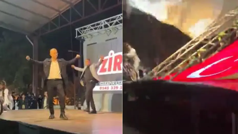 Zeybek oynayan başkan ve sunucu saniyelerle kurtuldu