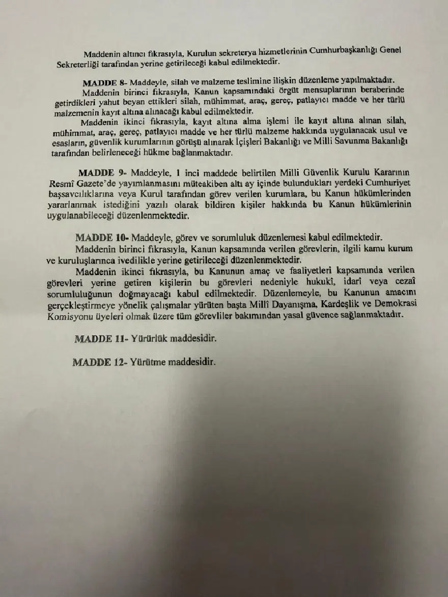 Çerçeve yasa için ilk onay. Komisyondan geçen süreç yasasında hangi maddeler var? 3