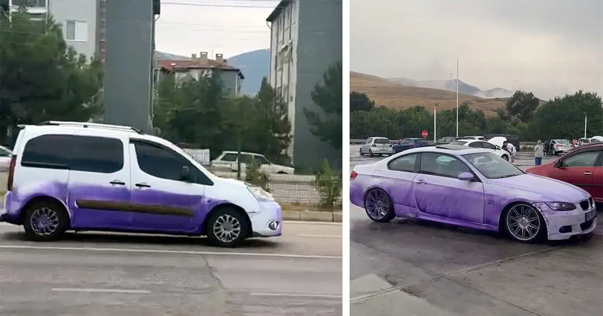 TIR yola boya dökmüştü: Araçların mora boyadığı anlar