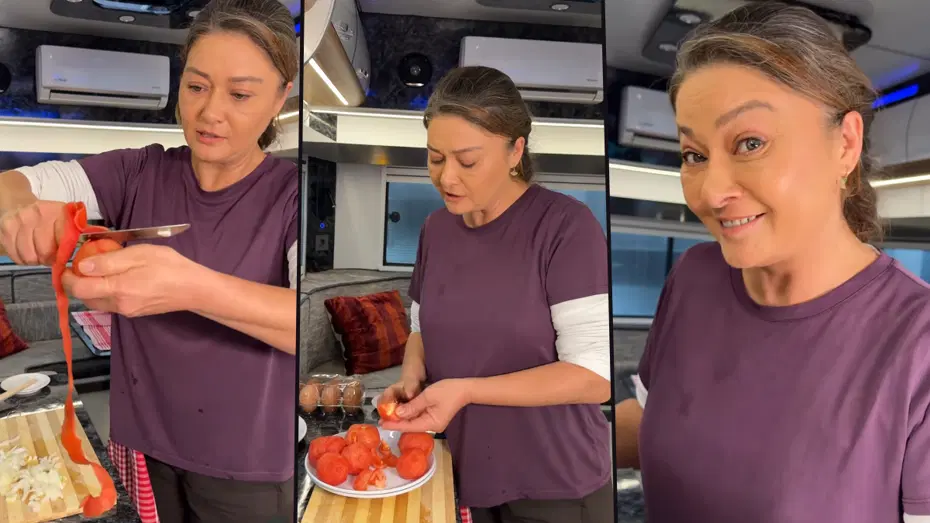 Nurgül Yeşilçay sette menemen yaptı. 