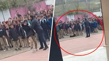 Okul müdürü öğrenciyi yakasından tutup yere savurdu