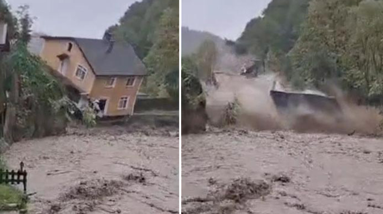 Sapanca'da korkulan anlar. Selde dere taştı, iki katlı villa böyle yıkıldı
