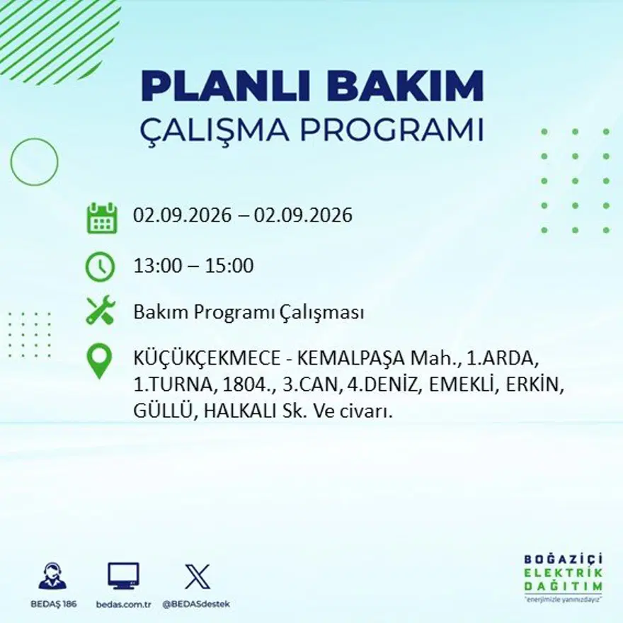İstanbul'un 21 ilçesinde 9 saat elektrik kesintisi: Hangi ilçelerde kesinti yaşanacak? 2 Eylül BEDAŞ 24