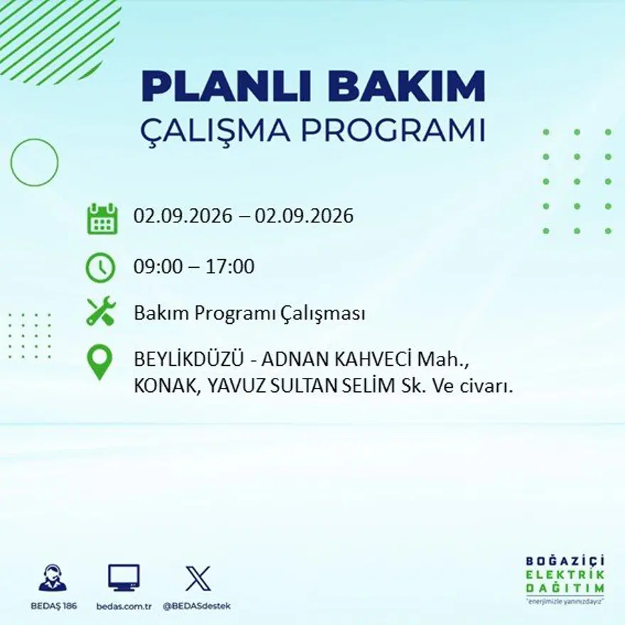 İstanbul'un 21 ilçesinde 9 saat elektrik kesintisi: Hangi ilçelerde kesinti yaşanacak? 2 Eylül BEDAŞ 32