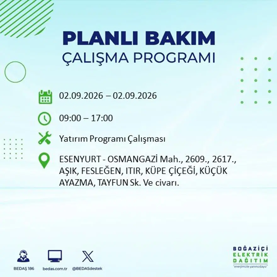 İstanbul'un 21 ilçesinde 9 saat elektrik kesintisi: Hangi ilçelerde kesinti yaşanacak? 2 Eylül BEDAŞ 26