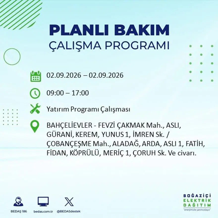 İstanbul'un 21 ilçesinde 9 saat elektrik kesintisi: Hangi ilçelerde kesinti yaşanacak? 2 Eylül BEDAŞ 15