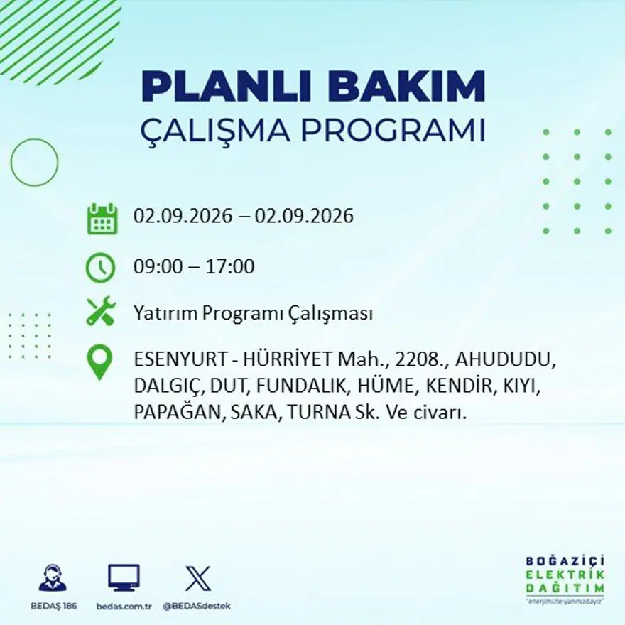 İstanbul'un 21 ilçesinde 9 saat elektrik kesintisi: Hangi ilçelerde kesinti yaşanacak? 2 Eylül BEDAŞ 23