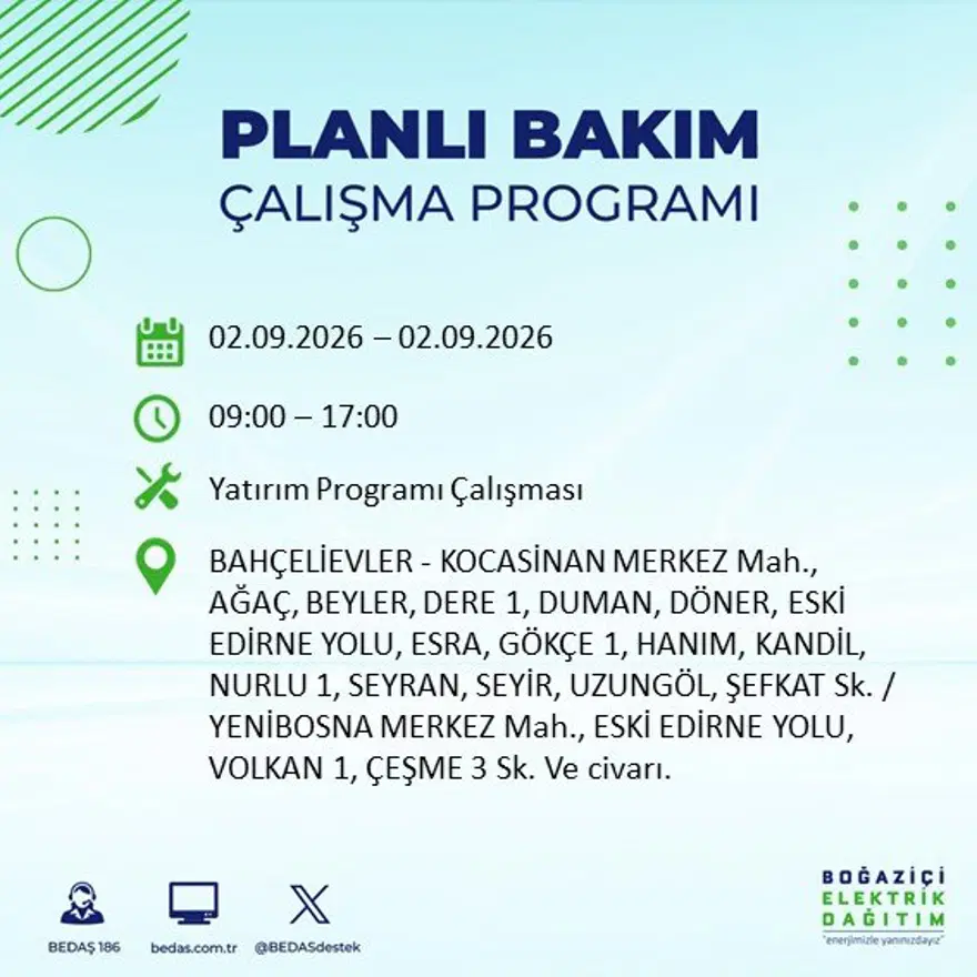 İstanbul'un 21 ilçesinde 9 saat elektrik kesintisi: Hangi ilçelerde kesinti yaşanacak? 2 Eylül BEDAŞ 6