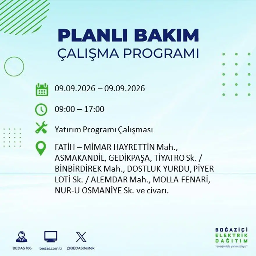 İstanbul'un 24 ilçesinde 9 saat elektrik kesintisi: Hangi ilçelerde kesinti yaşanacak? 9 Eylül BEDAŞ 36 İstanbul'un 24 ilçesinde 9 saat elektrik kesintisi: Hangi ilçelerde kesinti yaşanacak? 9 Eylül BEDAŞ 36