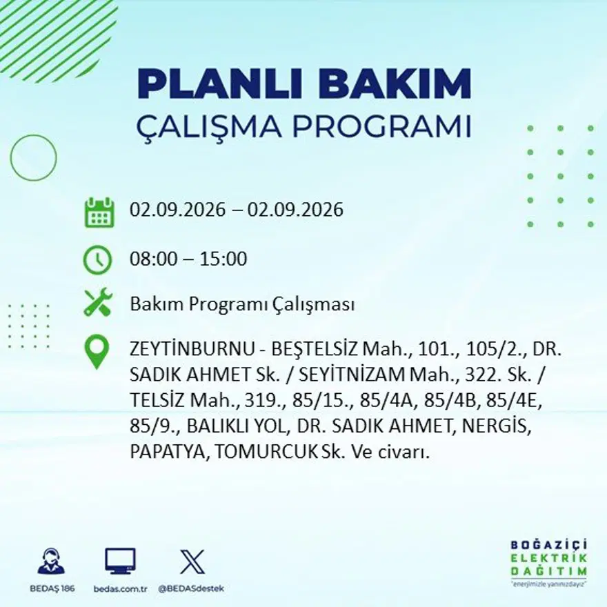 İstanbul'un 21 ilçesinde 9 saat elektrik kesintisi: Hangi ilçelerde kesinti yaşanacak? 2 Eylül BEDAŞ 10