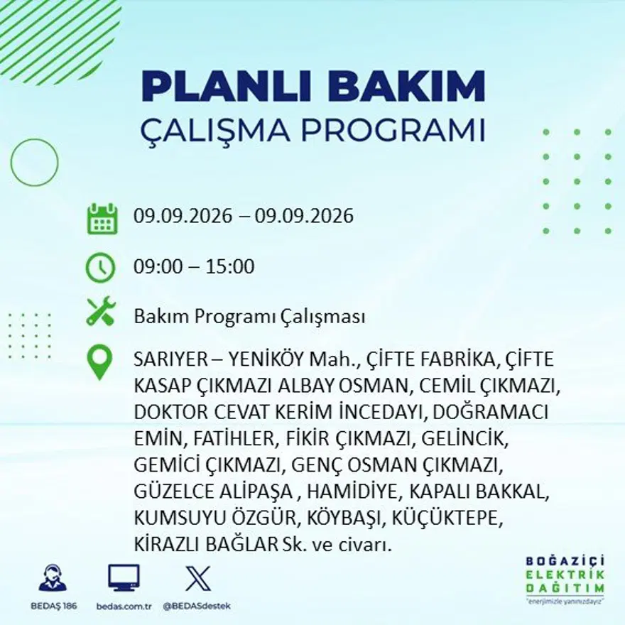 İstanbul'un 24 ilçesinde 9 saat elektrik kesintisi: Hangi ilçelerde kesinti yaşanacak? 9 Eylül BEDAŞ 7 İstanbul'un 24 ilçesinde 9 saat elektrik kesintisi: Hangi ilçelerde kesinti yaşanacak? 9 Eylül BEDAŞ 7