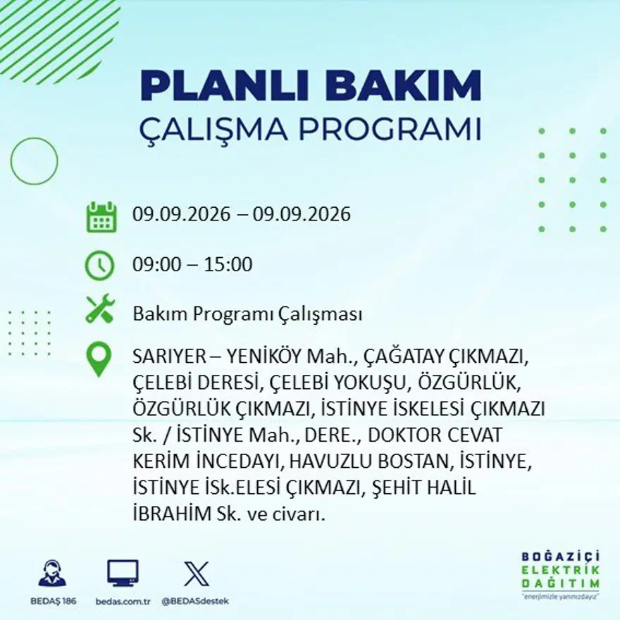 İstanbul'un 24 ilçesinde 9 saat elektrik kesintisi: Hangi ilçelerde kesinti yaşanacak? 9 Eylül BEDAŞ 20 İstanbul'un 24 ilçesinde 9 saat elektrik kesintisi: Hangi ilçelerde kesinti yaşanacak? 9 Eylül BEDAŞ 20