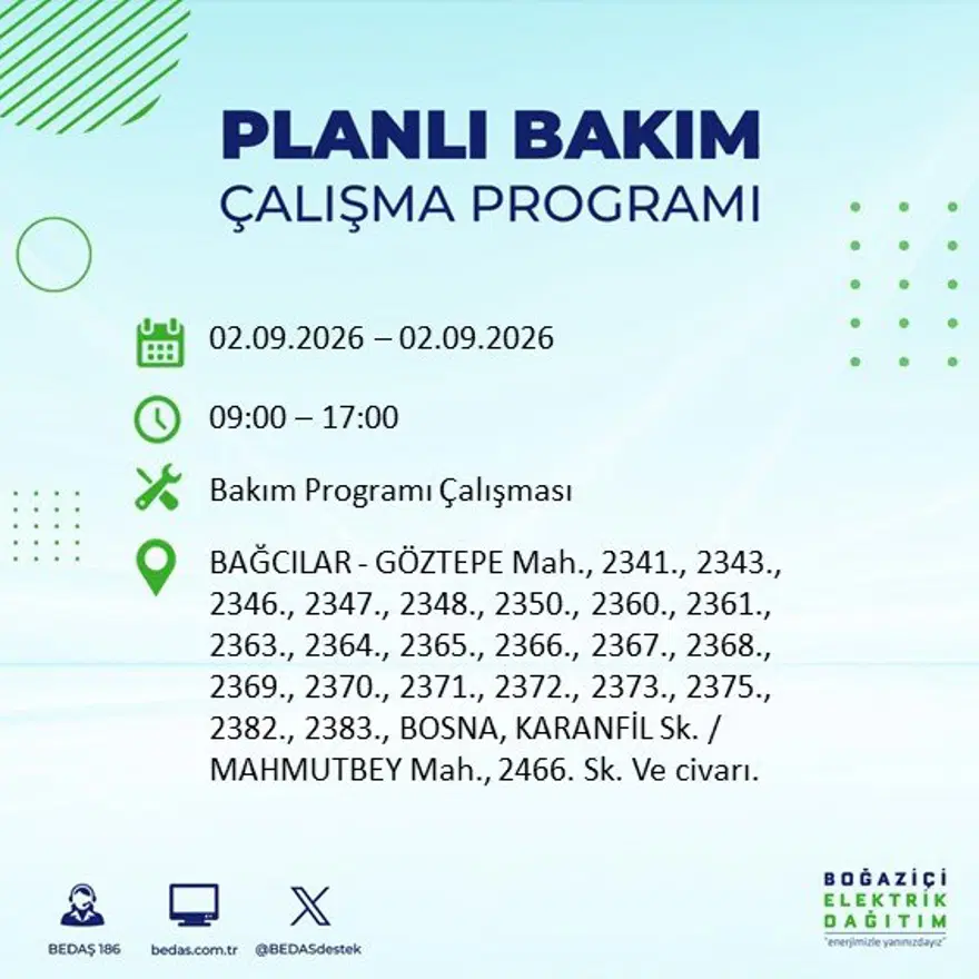 İstanbul'un 21 ilçesinde 9 saat elektrik kesintisi: Hangi ilçelerde kesinti yaşanacak? 2 Eylül BEDAŞ 9