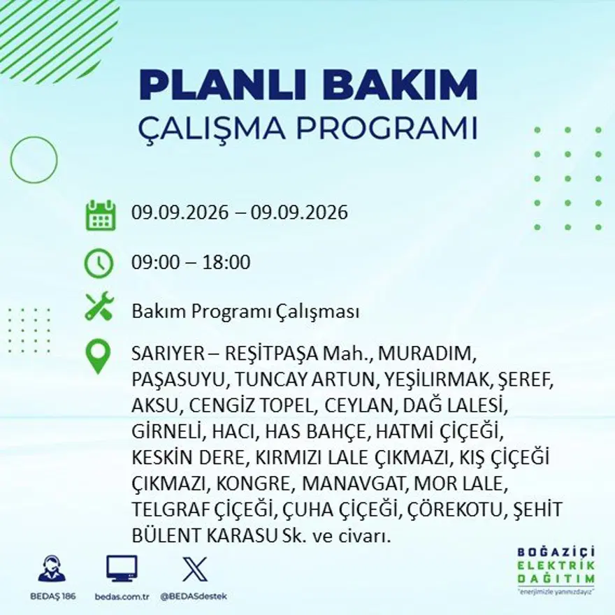 İstanbul'un 24 ilçesinde 9 saat elektrik kesintisi: Hangi ilçelerde kesinti yaşanacak? 9 Eylül BEDAŞ 9 İstanbul'un 24 ilçesinde 9 saat elektrik kesintisi: Hangi ilçelerde kesinti yaşanacak? 9 Eylül BEDAŞ 9