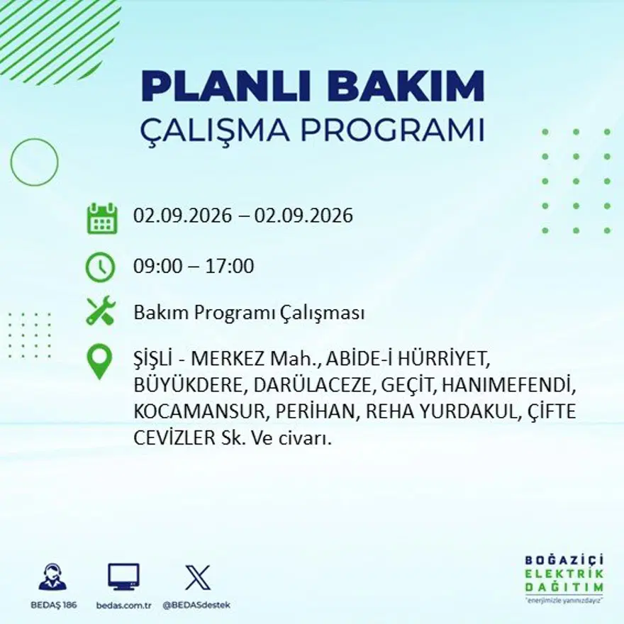 İstanbul'un 21 ilçesinde 9 saat elektrik kesintisi: Hangi ilçelerde kesinti yaşanacak? 2 Eylül BEDAŞ 17