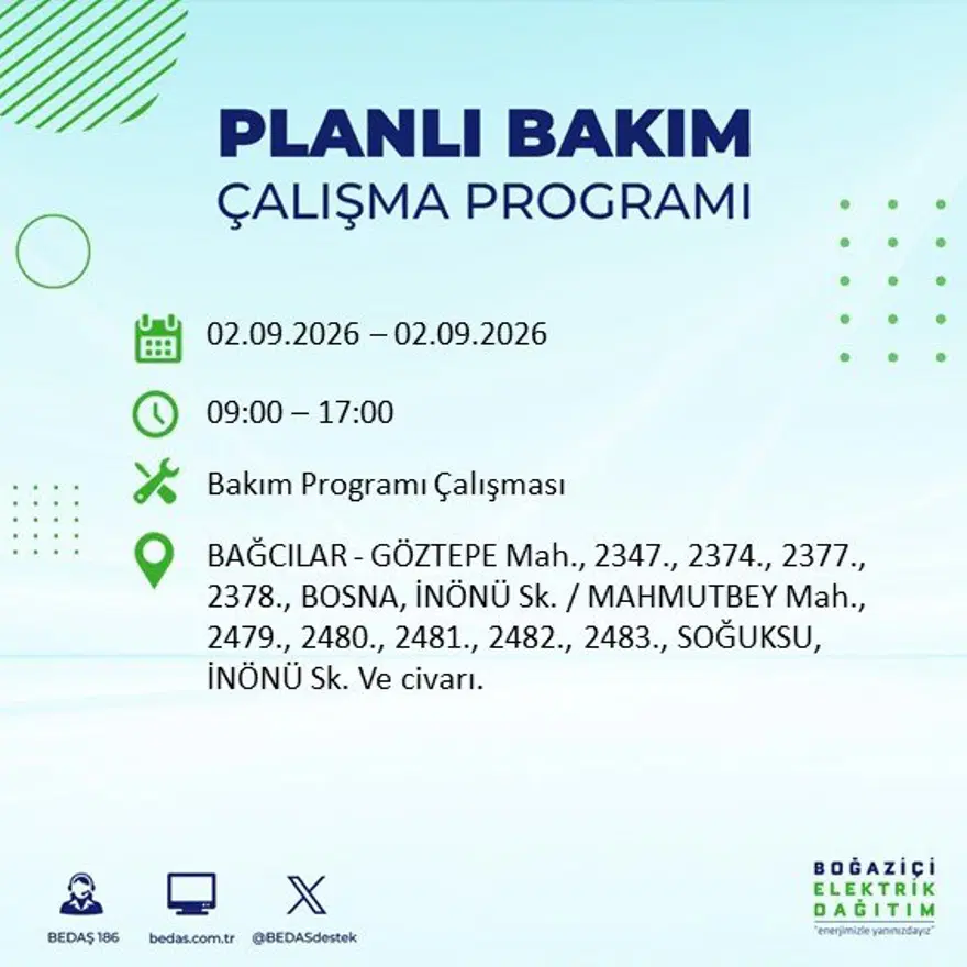 İstanbul'un 21 ilçesinde 9 saat elektrik kesintisi: Hangi ilçelerde kesinti yaşanacak? 2 Eylül BEDAŞ 18