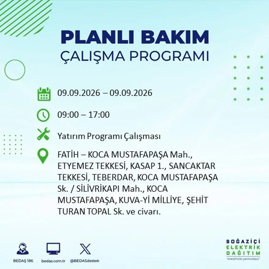 İstanbul'un 24 ilçesinde 9 saat elektrik kesintisi: Hangi ilçelerde kesinti yaşanacak? 9 Eylül BEDAŞ 32 İstanbul'un 24 ilçesinde 9 saat elektrik kesintisi: Hangi ilçelerde kesinti yaşanacak? 9 Eylül BEDAŞ 32