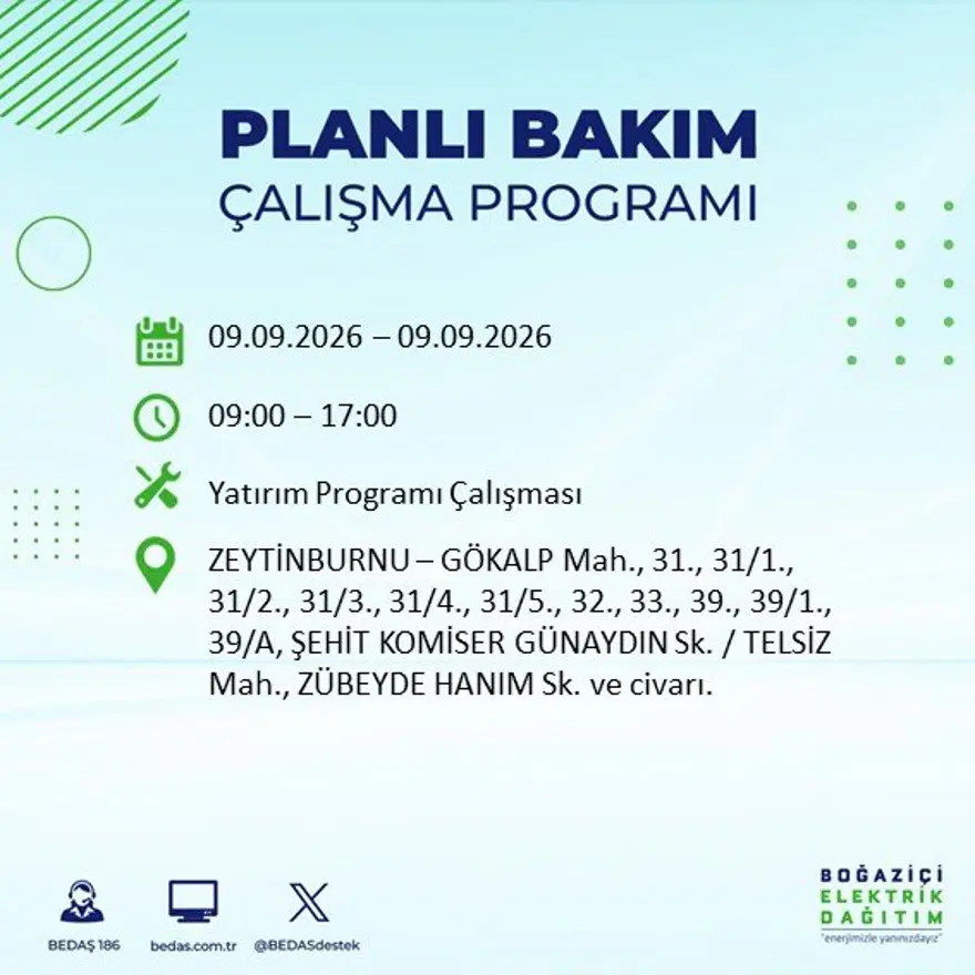 İstanbul'un 24 ilçesinde 9 saat elektrik kesintisi: Hangi ilçelerde kesinti yaşanacak? 9 Eylül BEDAŞ 39 İstanbul'un 24 ilçesinde 9 saat elektrik kesintisi: Hangi ilçelerde kesinti yaşanacak? 9 Eylül BEDAŞ 39