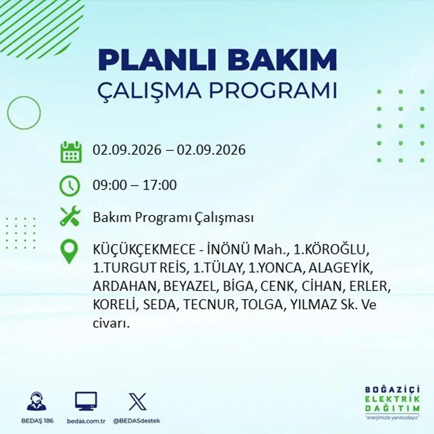 İstanbul'un 21 ilçesinde 9 saat elektrik kesintisi: Hangi ilçelerde kesinti yaşanacak? 2 Eylül BEDAŞ 14