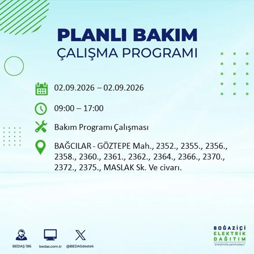 İstanbul'un 21 ilçesinde 9 saat elektrik kesintisi: Hangi ilçelerde kesinti yaşanacak? 2 Eylül BEDAŞ 22