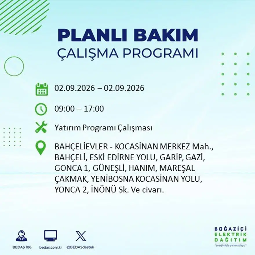 İstanbul'un 21 ilçesinde 9 saat elektrik kesintisi: Hangi ilçelerde kesinti yaşanacak? 2 Eylül BEDAŞ 12