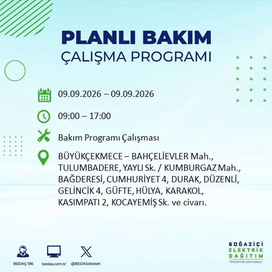 İstanbul'un 24 ilçesinde 9 saat elektrik kesintisi: Hangi ilçelerde kesinti yaşanacak? 9 Eylül BEDAŞ 33 İstanbul'un 24 ilçesinde 9 saat elektrik kesintisi: Hangi ilçelerde kesinti yaşanacak? 9 Eylül BEDAŞ 33