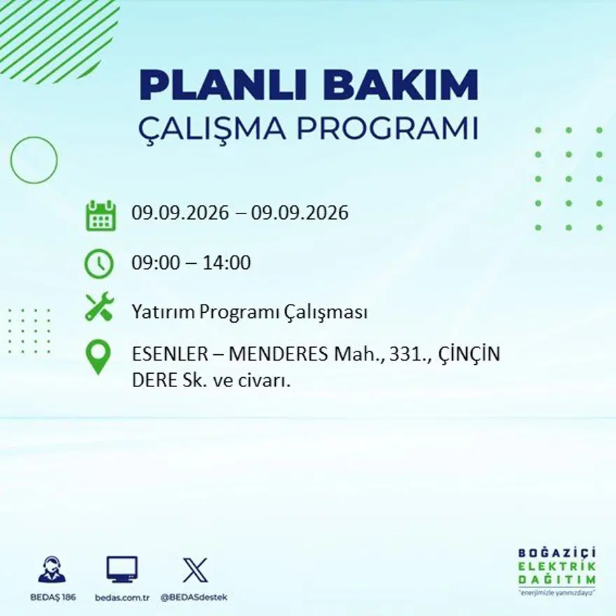 İstanbul'un 24 ilçesinde 9 saat elektrik kesintisi: Hangi ilçelerde kesinti yaşanacak? 9 Eylül BEDAŞ 50 İstanbul'un 24 ilçesinde 9 saat elektrik kesintisi: Hangi ilçelerde kesinti yaşanacak? 9 Eylül BEDAŞ 50
