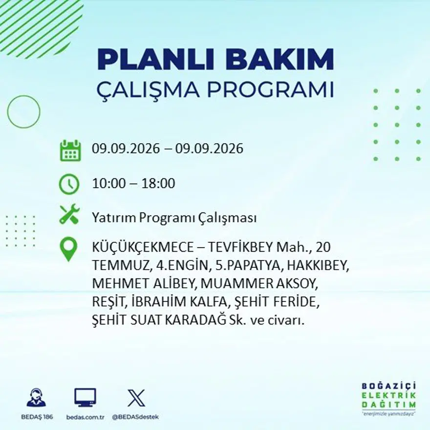 İstanbul'un 24 ilçesinde 9 saat elektrik kesintisi: Hangi ilçelerde kesinti yaşanacak? 9 Eylül BEDAŞ 35 İstanbul'un 24 ilçesinde 9 saat elektrik kesintisi: Hangi ilçelerde kesinti yaşanacak? 9 Eylül BEDAŞ 35