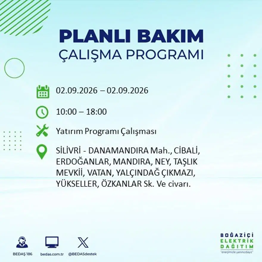 İstanbul'un 21 ilçesinde 9 saat elektrik kesintisi: Hangi ilçelerde kesinti yaşanacak? 2 Eylül BEDAŞ 19