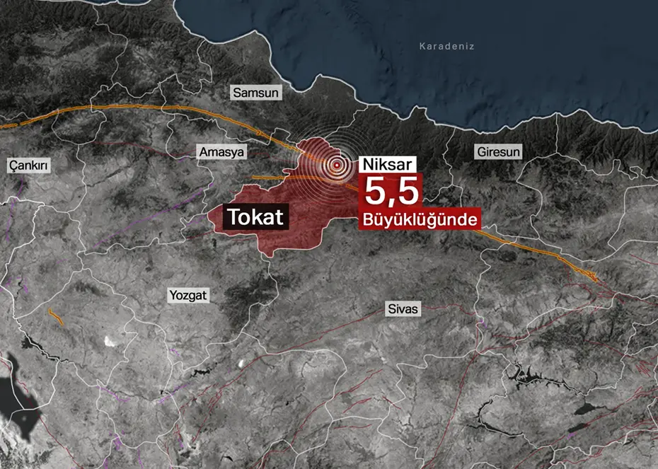 Tokat'ta gece yarısı 5,5 büyüklüğünde deprem. 