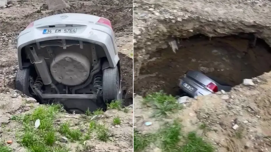 Esenyurt'ta yer yarıldı otomobil içine düştü. 